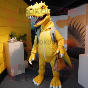 Yellow Spinosaurus mascot costume character dressed with a Hoodie and Handbags