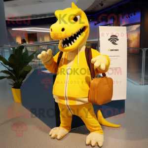Yellow Spinosaurus mascot costume character dressed with a Hoodie and Handbags