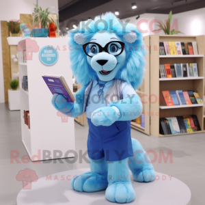 Sky Blue Lion mascot costume character dressed with a Sheath Dress and Reading glasses