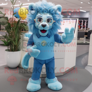 Sky Blue Lion mascot costume character dressed with a Sheath Dress and Reading glasses