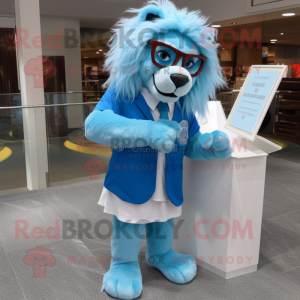 Sky Blue Lion mascot costume character dressed with a Sheath Dress and Reading glasses