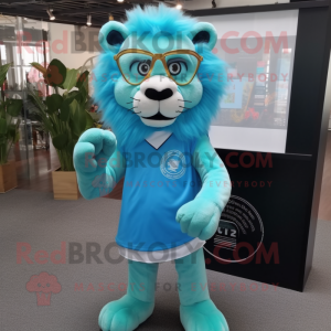 Sky Blue Lion mascot costume character dressed with a Sheath Dress and Reading glasses