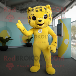 Lemon Yellow Jaguar mascot costume character dressed with a Playsuit and Rings