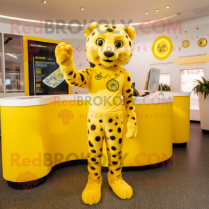 Lemon Yellow Jaguar mascot costume character dressed with a Playsuit and Rings