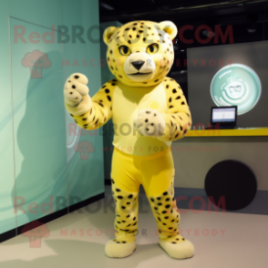 Lemon Yellow Jaguar mascot costume character dressed with a Playsuit and Rings