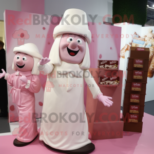 Pink Chocolate Bars mascot costume character dressed with a Wedding Dress and Berets