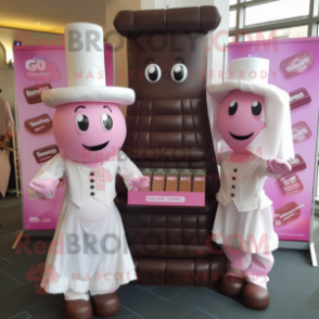 Pink Chocolate Bars mascot costume character dressed with a Wedding Dress and Berets