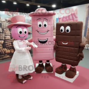 Pink Chocolate Bars mascot costume character dressed with a Wedding Dress and Berets