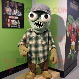 Olive Skull mascot costume character dressed with a Flannel Shirt and Caps