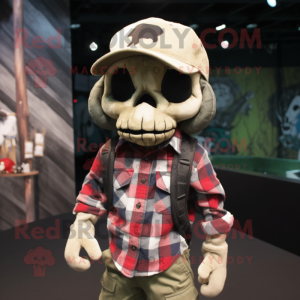 Olive Skull mascot costume character dressed with a Flannel Shirt and Caps