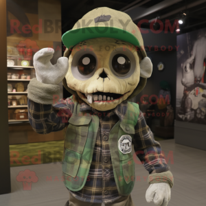 Olive Skull mascot costume character dressed with a Flannel Shirt and Caps