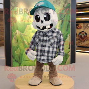 Olive Skull mascot costume character dressed with a Flannel Shirt and Caps