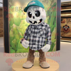 Olive Skull mascot costume character dressed with a Flannel Shirt and Caps