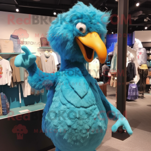 Cyan Dodo Bird mascot costume character dressed with a Jumpsuit and Brooches