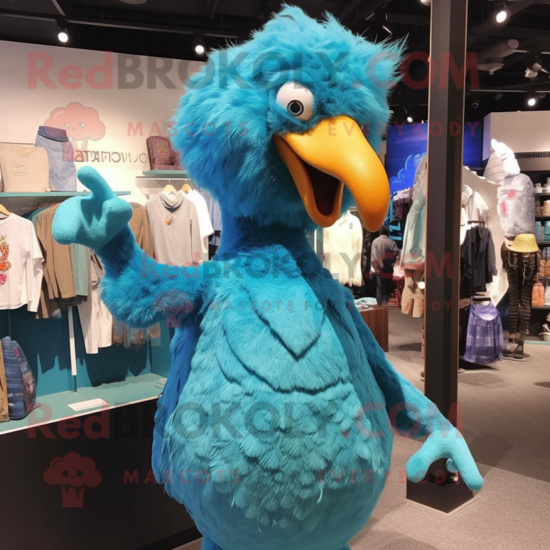 Cyan Dodo Bird mascot costume character dressed with a Jumpsuit and Brooches