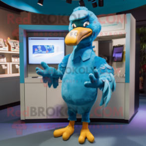 Cyan Dodo Bird mascot costume character dressed with a Jumpsuit and Brooches