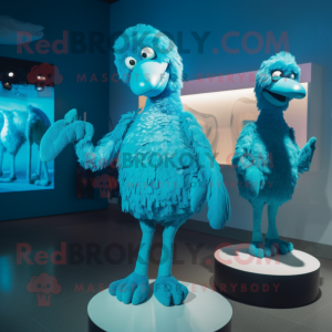 Cyan Dodo Bird mascot costume character dressed with a Jumpsuit and Brooches