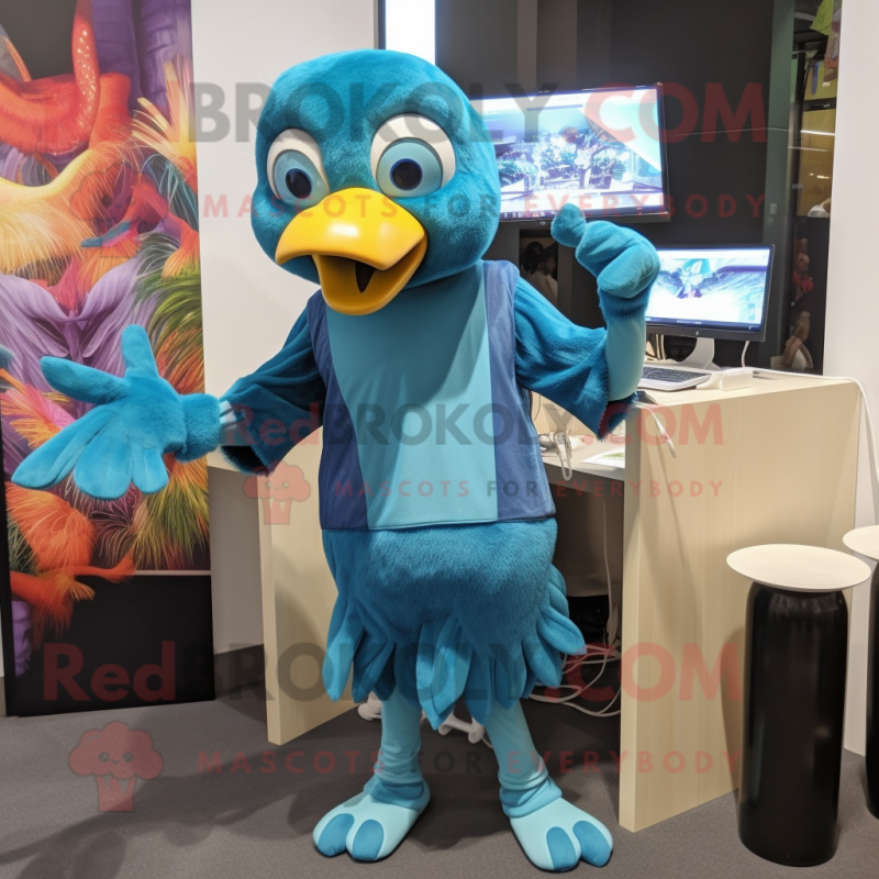 Cyan Dodo Bird mascot costume character dressed with a Jumpsuit and Brooches