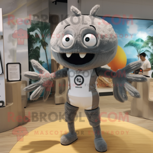 Gray Crab Cakes mascot costume character dressed with a One-Piece Swimsuit and Cummerbunds