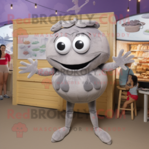 Gray Crab Cakes mascot costume character dressed with a One-Piece Swimsuit and Cummerbunds