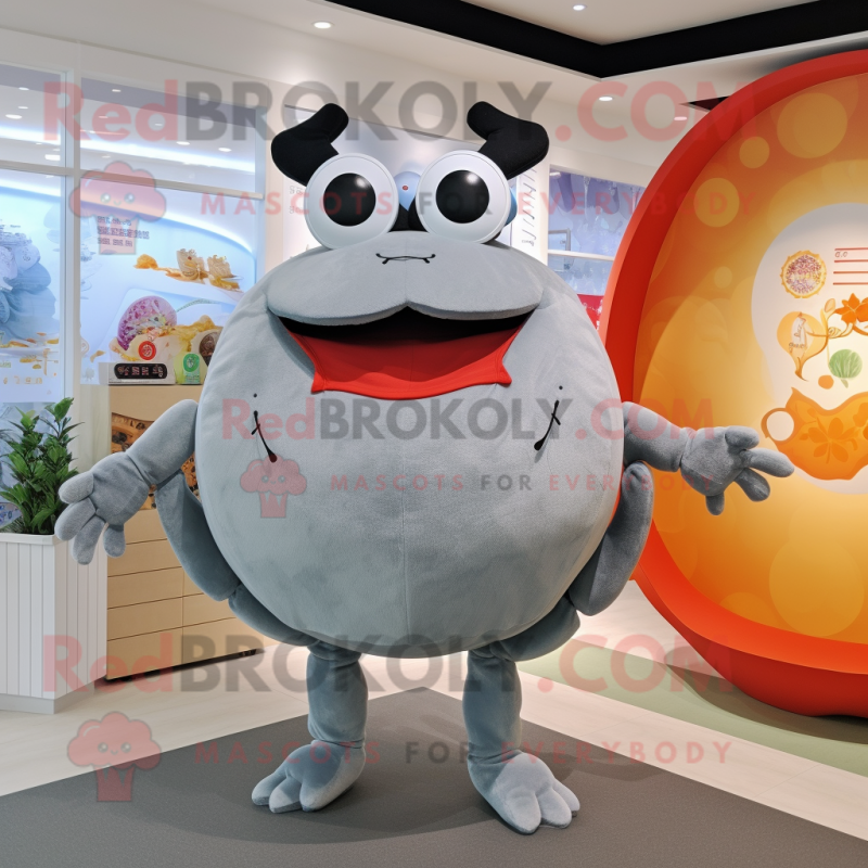 Gray Crab Cakes mascot costume character dressed with a One-Piece Swimsuit and Cummerbunds