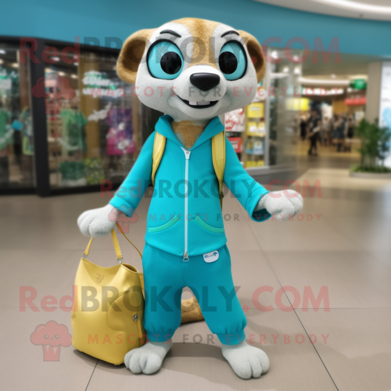 Turquoise Meerkat mascot costume character dressed with a Joggers and Wallets