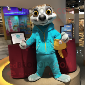Turquoise Meerkat mascot costume character dressed with a Joggers and Wallets