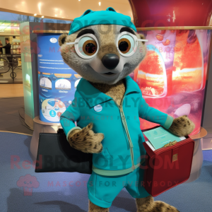Turquoise Meerkat mascot costume character dressed with a Joggers and Wallets
