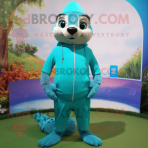 Turquoise Meerkat mascot costume character dressed with a Joggers and Wallets