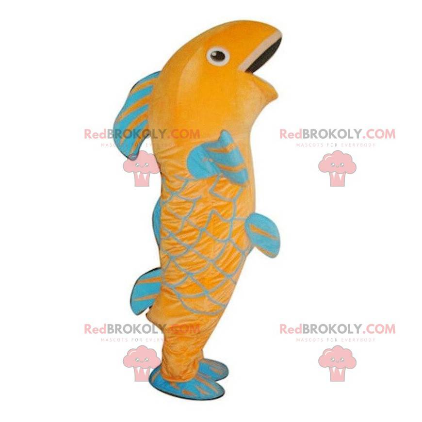 Mascote de peixe laranja e azul, fantasia de peixe colorida -