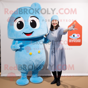 Sky Blue Ramen mascot costume character dressed with a Mom Jeans and Earrings