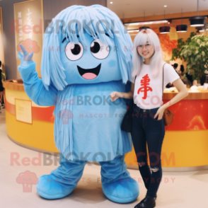 Sky Blue Ramen mascot costume character dressed with a Mom Jeans and Earrings