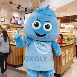 Sky Blue Ramen mascot costume character dressed with a Mom Jeans and Earrings