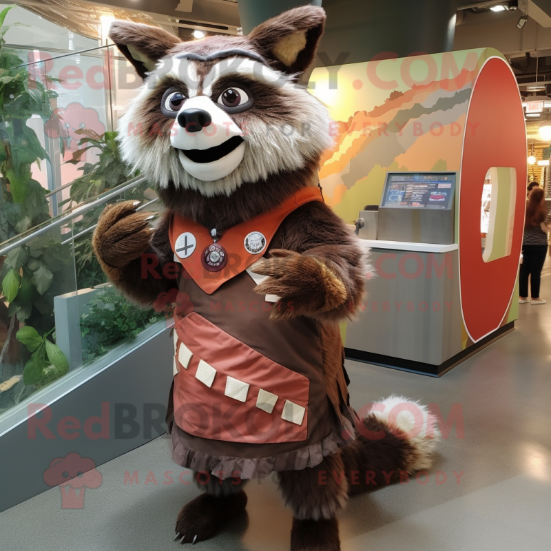 Rust Raccoon mascot costume character dressed with a Wrap Dress and Wraps
