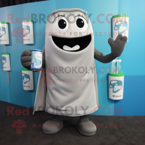 Gray Soda Can mascot costume character dressed with a T-Shirt and Wallets