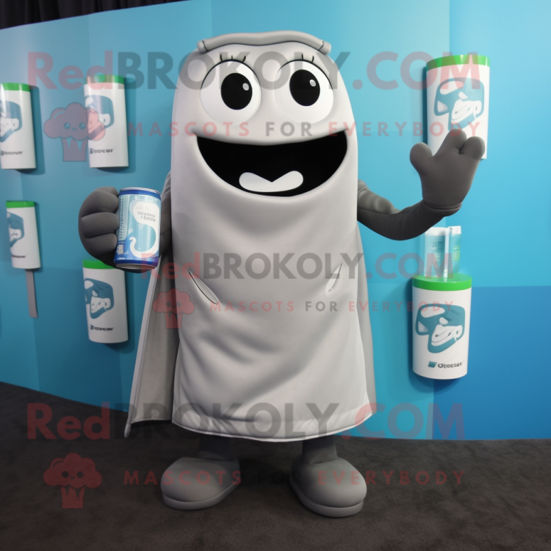 Gray Soda Can mascot costume character dressed with a T-Shirt and Wallets Gray Soda Can mascot costume character dressed with a T-Shirt and Wallets