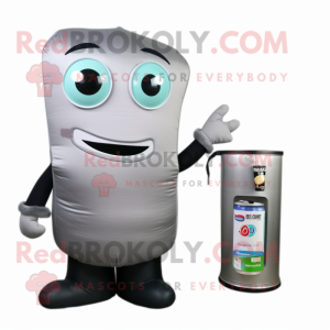 Gray Soda Can mascot costume character dressed with a T-Shirt and Wallets
