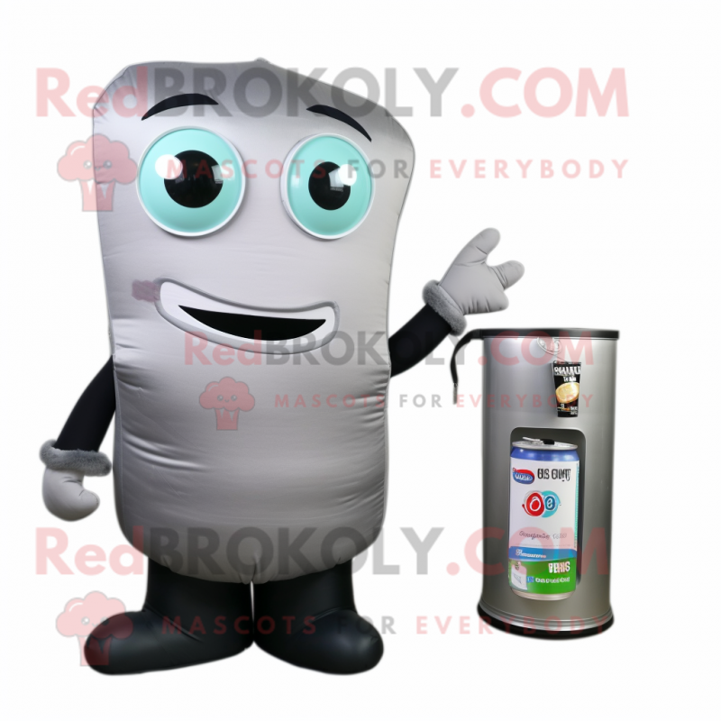 Gray Soda Can mascot costume character dressed with a T-Shirt and Wallets