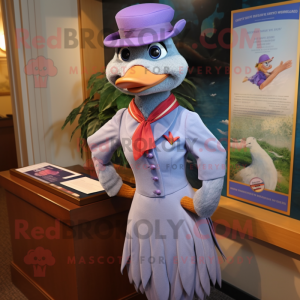 Lavender Passenger Pigeon mascot costume character dressed with a Pencil Skirt and Hat pins