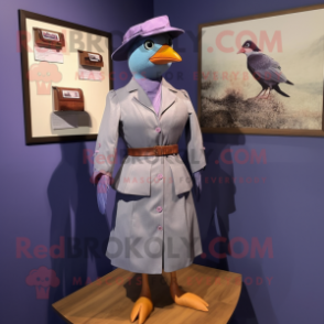 Lavender Passenger Pigeon mascot costume character dressed with a Pencil Skirt and Hat pins