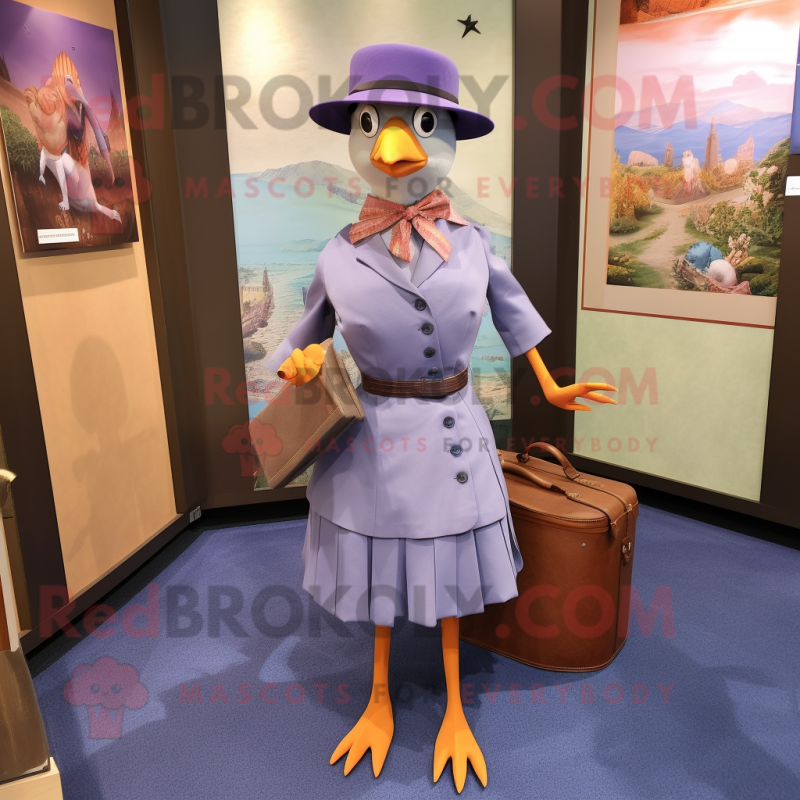 Lavender Passenger Pigeon mascot costume character dressed with a Pencil Skirt and Hat pins