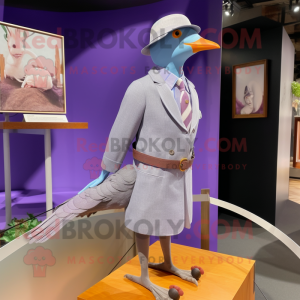 Lavender Passenger Pigeon mascot costume character dressed with a Pencil Skirt and Hat pins