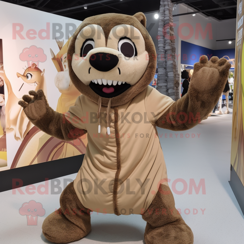 Tan Contortionist mascot costume character dressed with a Parka and Necklaces Tan Contortionist mascot costume character dressed with a Parka and Necklaces