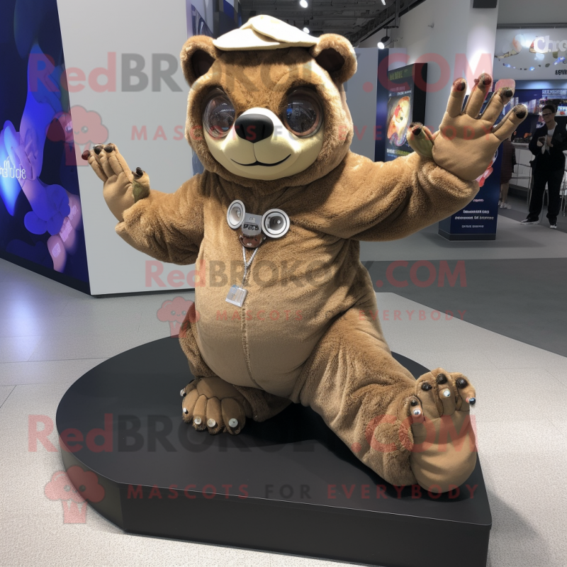 Tan Contortionist mascot costume character dressed with a Parka and Necklaces Tan Contortionist mascot costume character dressed with a Parka and Necklaces