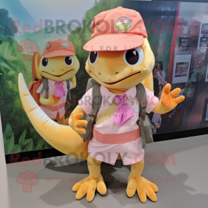 Peach Geckos mascot costume character dressed with a Pleated Skirt and Backpacks