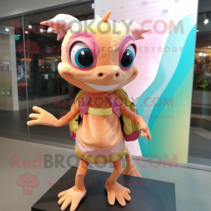 Peach Geckos mascot costume character dressed with a Pleated Skirt and Backpacks