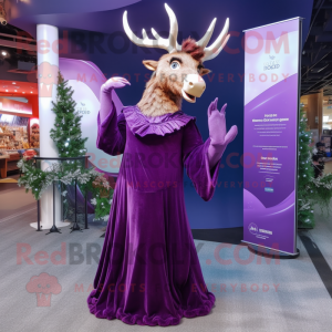 Purple Irish Elk mascot costume character dressed with a Evening Gown and Belts