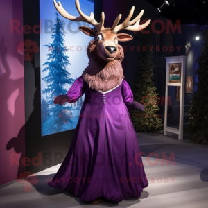 Purple Irish Elk mascot costume character dressed with a Evening Gown and Belts