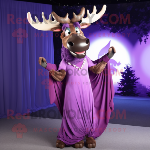 Purple Irish Elk mascot costume character dressed with a Evening Gown and Belts