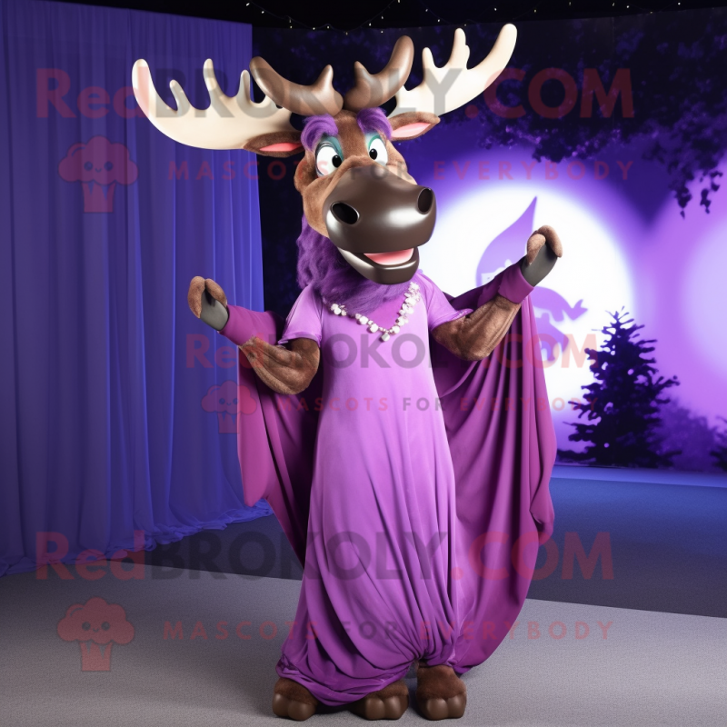 Purple Irish Elk mascot costume character dressed with a Evening Gown and Belts Purple Irish Elk mascot costume character dressed with a Evening Gown and Belts